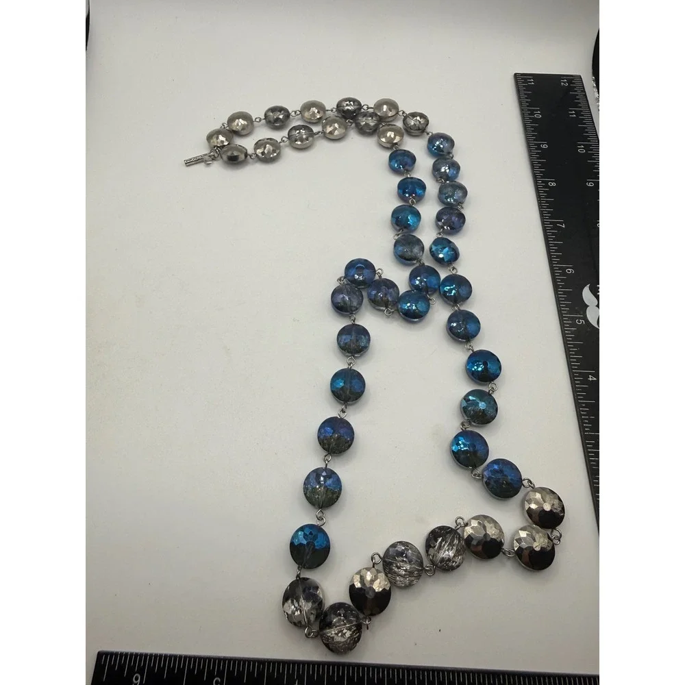 Alexis Bittar Blue Lucite Metallic Faceted Bead Long Station Necklace 40 Inch - Picture 2 of 5